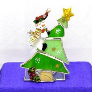 Stained Glass Snowman Climbing Christmas Tree Votive Holder Silver Plate Vintage